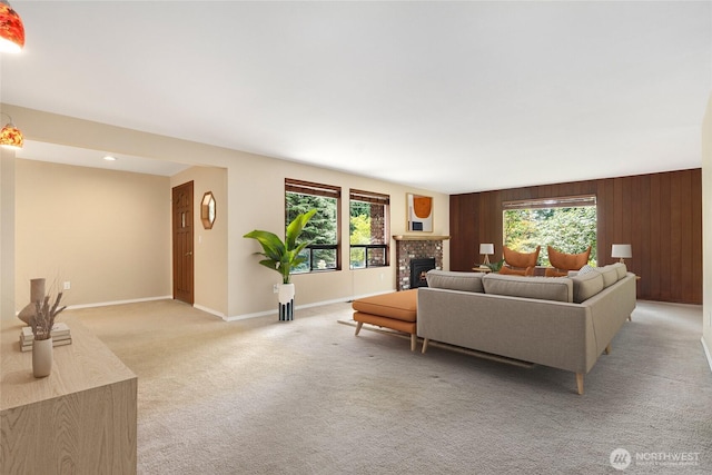 1323 216th Ave NE, Sammamish, WA 98074 - living area with a brick fireplace, light carpet, and wooden walls