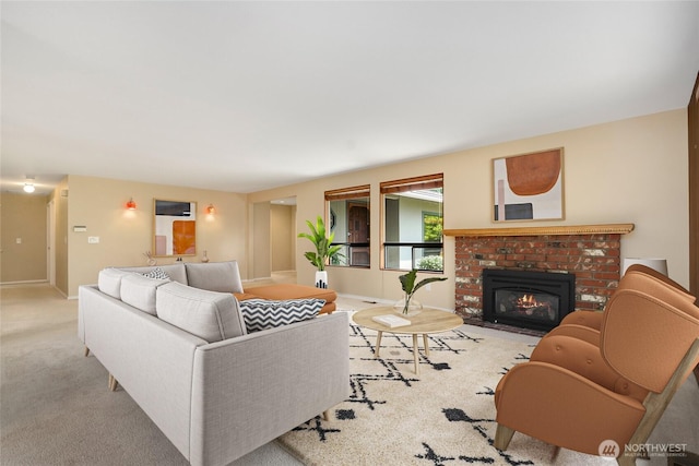 1323 216th Ave NE, Sammamish, WA 98074 - carpeted living area with baseboards and a brick fireplace