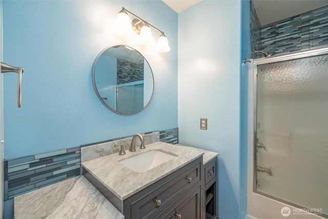 2460 Pine Dr, Ferndale, WA 98248 - full bath with an enclosed shower, vanity, and backsplash