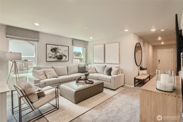 13908 198th St E, Graham, WA 98338 - living room featuring light carpet and recessed lighting
