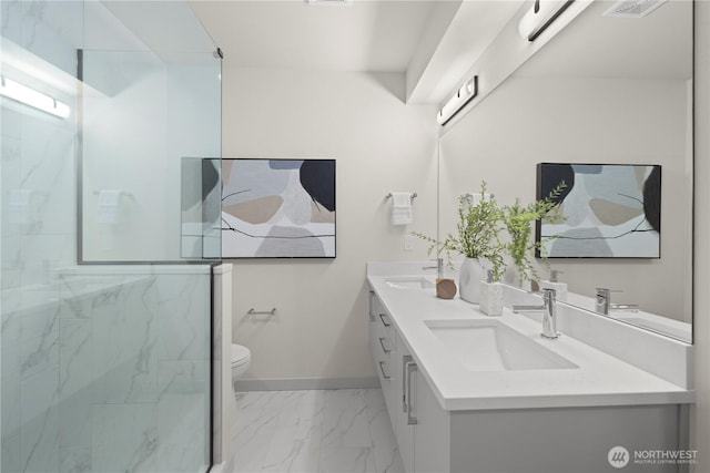 8511B 13th Ave NW, Seattle, WA 98117 - bathroom with double vanity, marble look tiles, and a marble finish shower