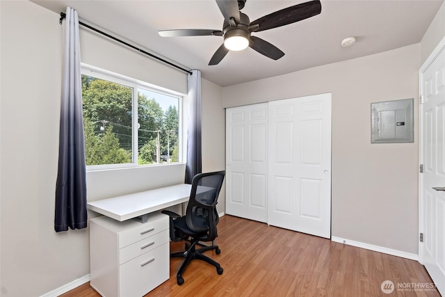 14335 Simonds Rd NE Unit A305, Kirkland, WA 98034 - unfurnished office with electric panel, light wood finished floors, and a ceiling fan