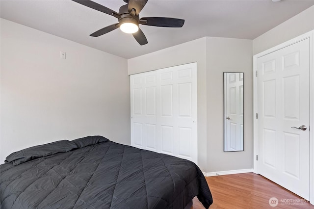 14335 Simonds Rd NE Unit A305, Kirkland, WA 98034 - bedroom featuring light wood-type flooring, ceiling fan, and a closet