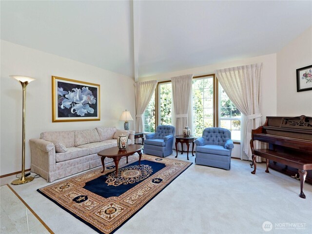 22019 NE 26th Pl, Sammamish, WA 98074 - living area with carpet flooring and lofted ceiling