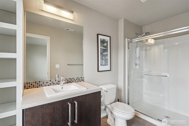 5624 S 344th Ct, Auburn, WA 98001 - bathroom featuring decorative backsplash, a stall shower, and vanity