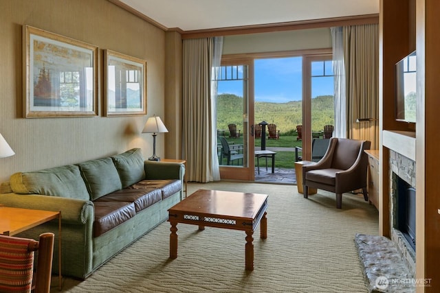 3600 Suncadia Trl Unit 1137, Cle Elum, WA 98922 - carpeted living room featuring a fireplace and a mountain view