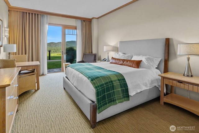 3600 Suncadia Trl Unit 1137, Cle Elum, WA 98922 - bedroom featuring access to exterior, carpet floors, a mountain view, and crown molding