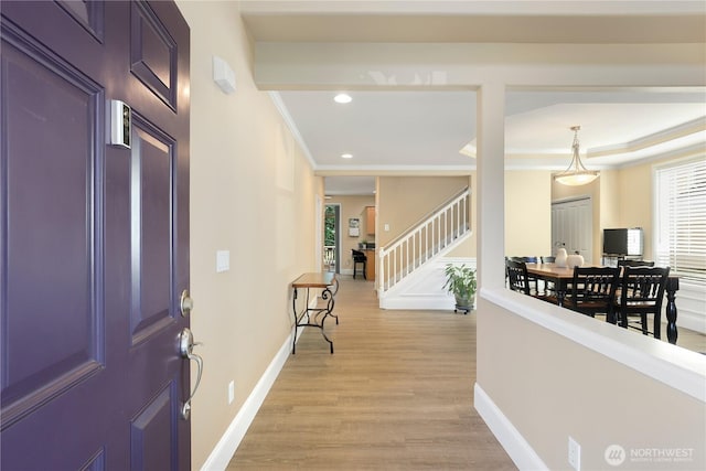 13034 SE 209th Ct, Kent, WA 98031 - foyer featuring crown molding, light wood finished floors, recessed lighting, and stairs