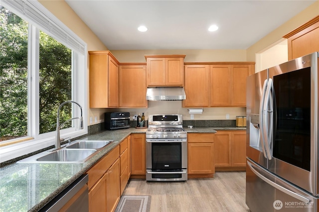 13034 SE 209th Ct, Kent, WA 98031 - kitchen featuring stainless steel appliances, range hood, plenty of natural light, light wood-style floors, and recessed lighting