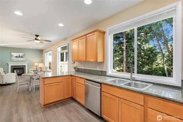 13034 SE 209th Ct, Kent, WA 98031 - kitchen featuring stainless steel dishwasher, a ceiling fan, light wood-type flooring, a glass covered fireplace, and a peninsula