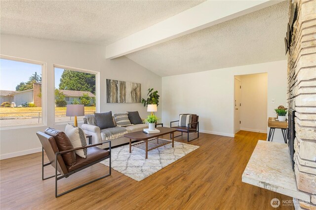 17114 SE 130th Ave, Renton, WA 98058 - living area with light wood finished floors, a textured ceiling, and a stone fireplace