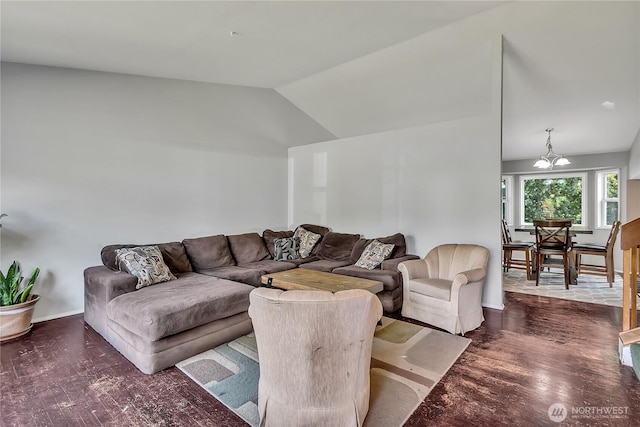 25128 168th Pl SE, Covington, WA 98042 - living area with lofted ceiling, dark wood-type flooring, and a chandelier