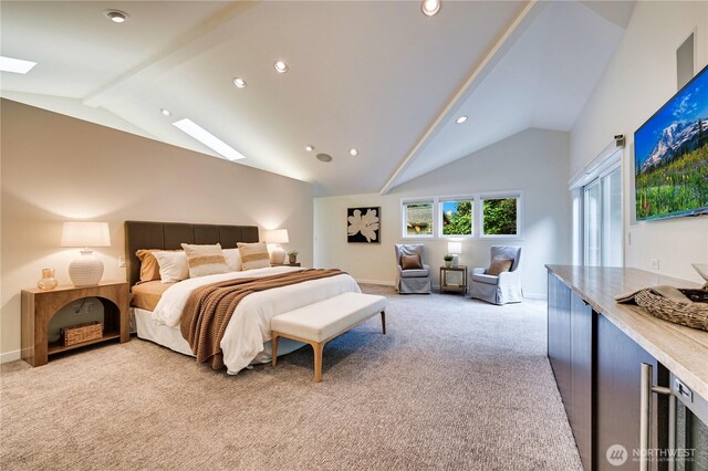 804 109th Ave SE, Bellevue, WA 98004 - bedroom featuring a skylight, light colored carpet, recessed lighting, and high vaulted ceiling