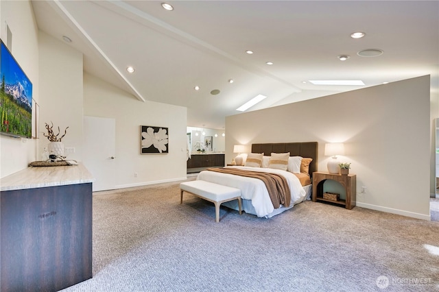804 109th Ave SE, Bellevue, WA 98004 - bedroom featuring light colored carpet, a skylight, recessed lighting, high vaulted ceiling, and ensuite bath