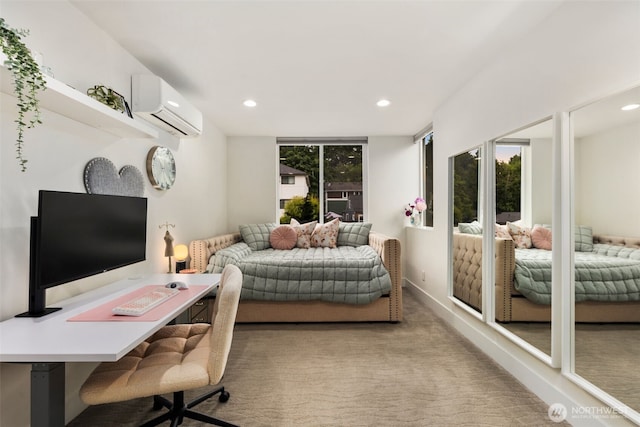 5404 26th Ave SW, Seattle, WA 98106 - bedroom with a wall mounted AC, a desk, carpet flooring, and recessed lighting