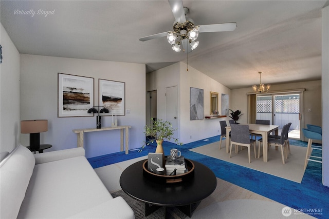 1915 140th St E Unit 193, Tacoma, WA 98445 - carpeted dining space with lofted ceiling, a chandelier, and ceiling fan