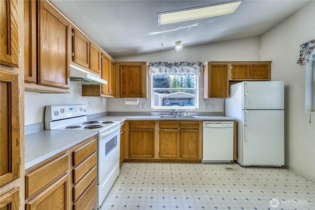 1915 140th St E Unit 193, Tacoma, WA 98445 - kitchen featuring white appliances, under cabinet range hood, lofted ceiling, light flooring, and light countertops