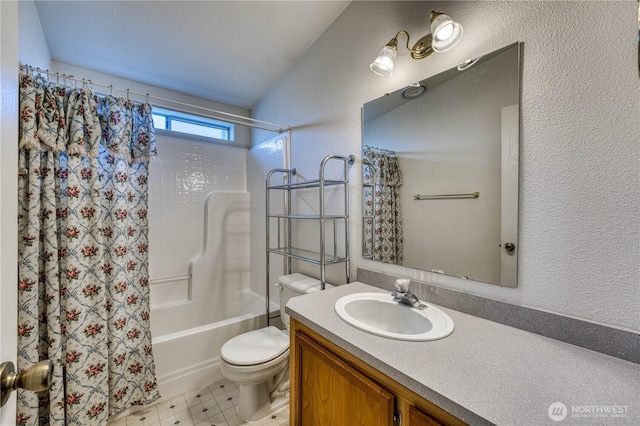 1915 140th St E Unit 193, Tacoma, WA 98445 - full bathroom featuring shower / tub combo with curtain, a textured wall, vanity, and tile patterned floors