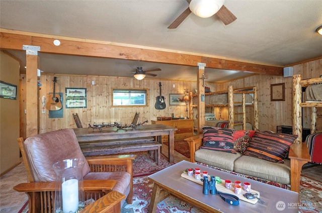 13285 Wye Lake Blvd SW, Port Orchard, WA 98367 - living room featuring ceiling fan, wood walls, and beamed ceiling