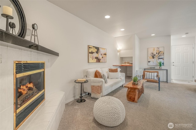 11627 NE 75th St, Kirkland, WA 98033 - carpeted living area featuring a fireplace and recessed lighting