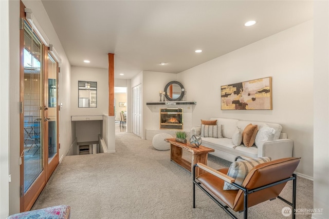 11627 NE 75th St, Kirkland, WA 98033 - living room featuring carpet floors, recessed lighting, and a tiled fireplace