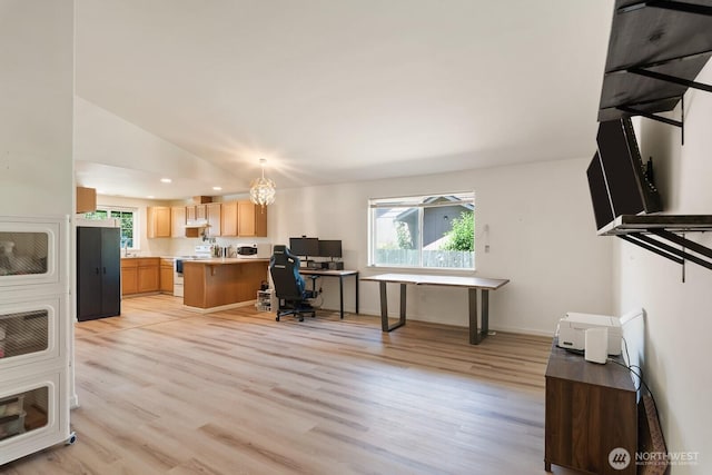 405 Spring Ln, Sedro Woolley, WA 98284 - office featuring healthy amount of natural light, light wood finished floors, lofted ceiling, recessed lighting, and a chandelier