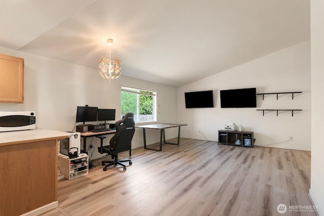 405 Spring Ln, Sedro Woolley, WA 98284 - home office with light wood-style floors, vaulted ceiling, and a chandelier