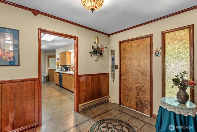 9327 E Leavenworth Rd, Leavenworth, WA 98826 - entryway with a baseboard heating unit, wainscoting, wooden walls, crown molding, and light tile patterned floors