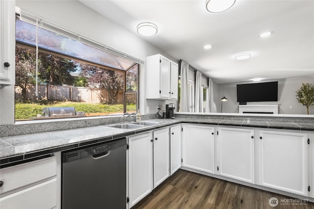 1617 SW 324th Pl, Federal Way, WA 98023 - kitchen with dishwasher, white cabinets, dark wood-type flooring, tile countertops, and recessed lighting