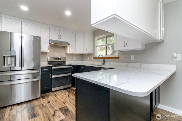 416 142nd Street Ct S, Tacoma, WA 98444 - kitchen featuring stainless steel appliances, under cabinet range hood, white cabinets, a peninsula, and recessed lighting