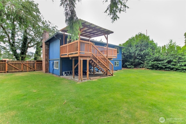 416 142nd Street Ct S, Tacoma, WA 98444 - rear view of house with a wooden deck, stairway, a chimney, and a pergola