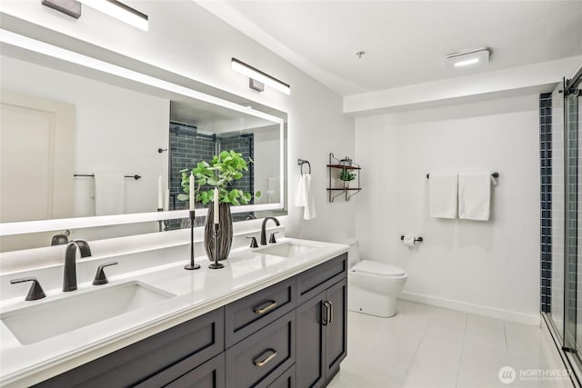 7711 NE 175th St Unit E110, Kenmore, WA 98028 - full bath with double vanity, tiled shower, and tile patterned floors