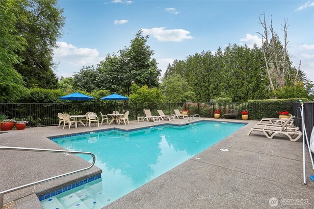 7711 NE 175th St Unit E110, Kenmore, WA 98028 - community pool with a patio and view of scattered trees