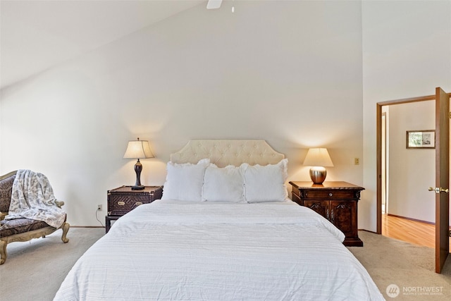 2815 60th Street Ct NW, Gig Harbor, WA 98335 - bedroom featuring carpet, high vaulted ceiling, and ceiling fan