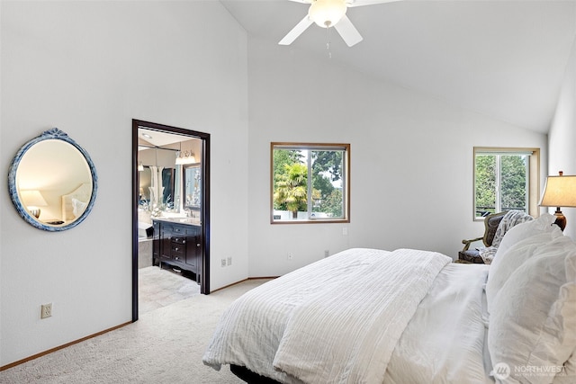 2815 60th Street Ct NW, Gig Harbor, WA 98335 - bedroom featuring light carpet, high vaulted ceiling, a ceiling fan, and ensuite bathroom