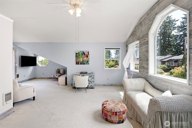 2815 60th Street Ct NW, Gig Harbor, WA 98335 - carpeted living area with lofted ceiling and a ceiling fan