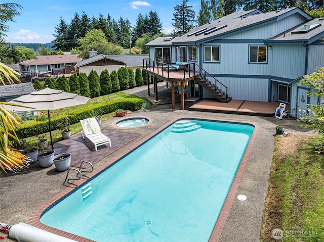 2815 60th Street Ct NW, Gig Harbor, WA 98335 - outdoor pool featuring a deck, stairs, an in-ground hot tub, and a patio area