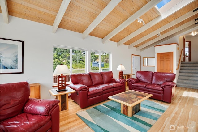 451 Beach Dr, Sequim, WA 98382 - living area featuring wood finished floors, stairway, and wooden ceiling