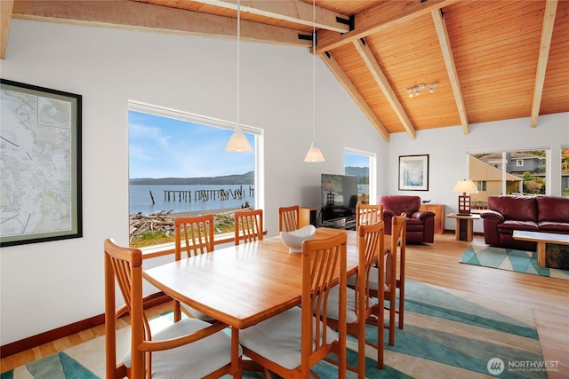 451 Beach Dr, Sequim, WA 98382 - dining space featuring a wooden ceiling with exposed beams, wood finished floors, plenty of natural light, and high vaulted ceiling