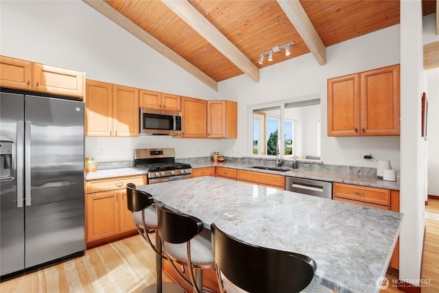 451 Beach Dr, Sequim, WA 98382 - kitchen featuring stainless steel appliances, light wood finished floors, a kitchen island, wood ceiling, and a breakfast bar