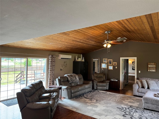 750 Chuckhole Way, Forks, WA 98331 - living room featuring an AC wall unit, lofted ceiling, wood finished floors, wooden ceiling, and a ceiling fan