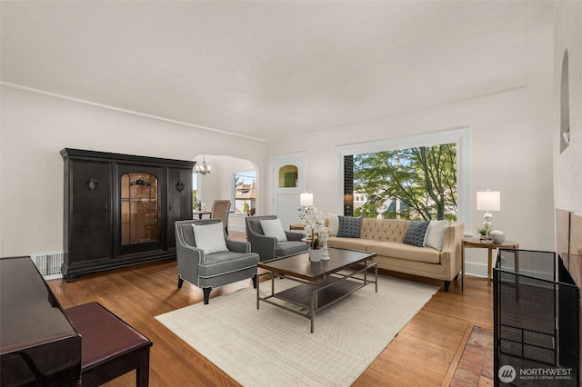 5803 Latona Ave NE, Seattle, WA 98105 - living room featuring arched walkways and light wood finished floors
