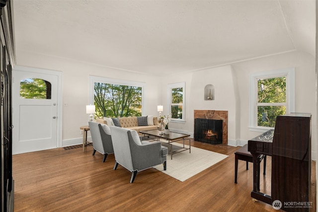 5803 Latona Ave NE, Seattle, WA 98105 - living area with plenty of natural light, a fireplace, and wood finished floors