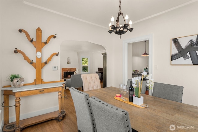 5803 Latona Ave NE, Seattle, WA 98105 - dining area with arched walkways, a chandelier, a lit fireplace, and wood finished floors