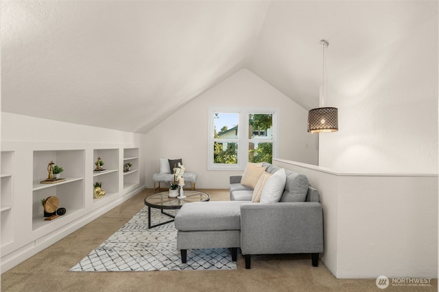 5803 Latona Ave NE, Seattle, WA 98105 - carpeted living room featuring built in features and lofted ceiling
