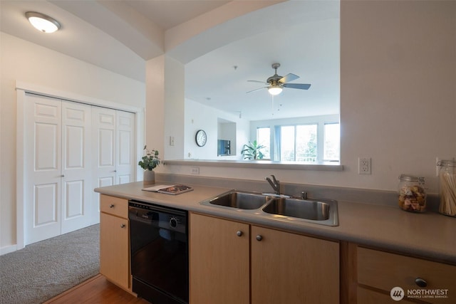 13301 SE 79th Pl Unit B-402, Newcastle, WA 98059 - kitchen with dishwasher, ceiling fan, dark wood finished floors, light brown cabinetry, and light countertops