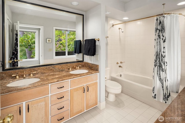 5115 NE Latimer Pl, Seattle, WA 98105 - full bathroom featuring shower / bath combo, tile patterned floors, double vanity, and recessed lighting