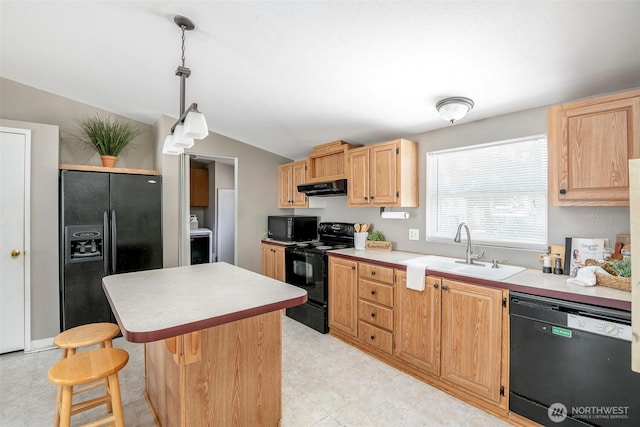 16420 SE 269th St SE, Covington, WA 98042 - kitchen featuring black appliances, under cabinet range hood, lofted ceiling, light brown cabinets, and light countertops