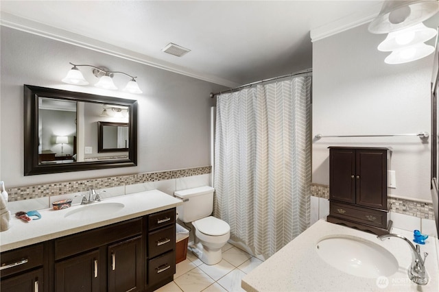 7829 197th Ave E, Bonney Lake, WA 98391 - bathroom with vanity, tile walls, crown molding, and a shower with curtain