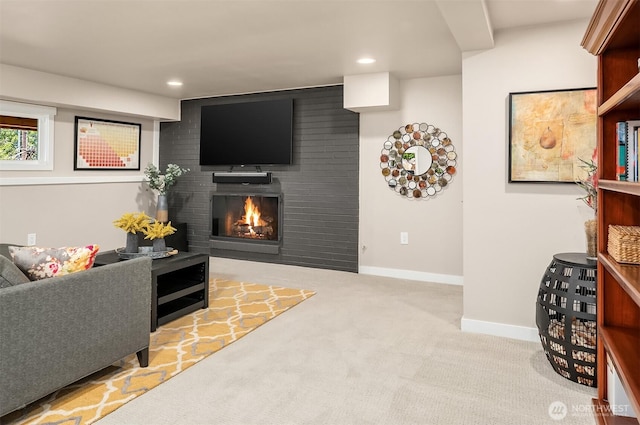 1808 2nd St, Kirkland, WA 98033 - living room with carpet floors, a fireplace, and recessed lighting